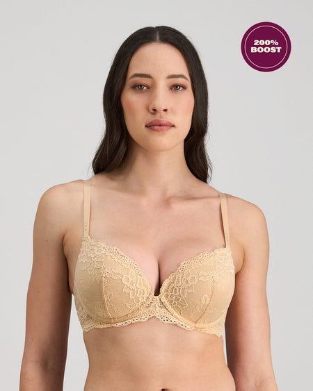 Model wears My Fit Lace Push Up Bra in FRAPPE. On body front view