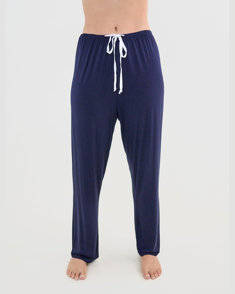 Model wears Bamboo Bliss Long PJ Pant in NAVY BLAZER. On body front view