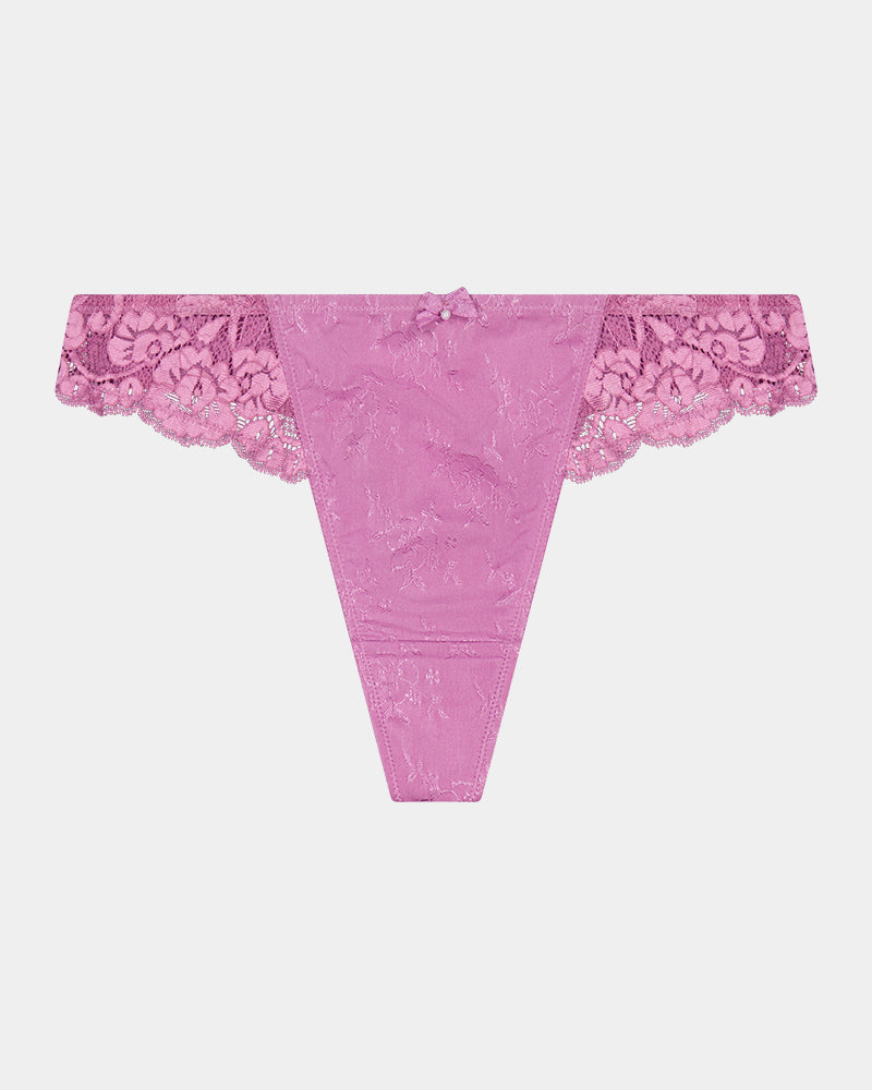 Body Lace Thong in MULBERRY. Flat lay front view