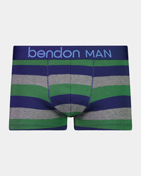 Rugby Stripe Mens Trunk in FOLIAGE GREEN/MEDEIVAL BLUE/MARLE. Flat lay front view