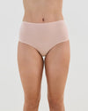 Model wears Cotton And Lace Full Brief in LATTE. On body front view