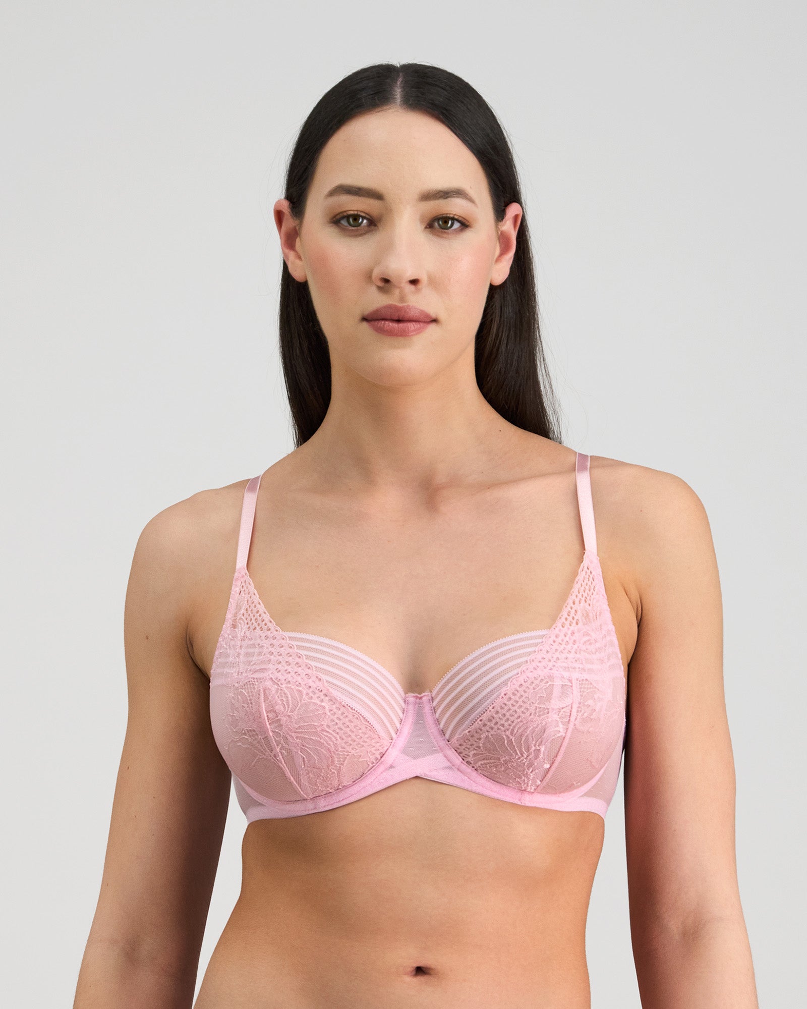 Model wears Lucille Underwire Bra in FAIRY TALE. On body front view