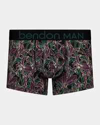 Retros Print Mens Trunk in PLUM MORRIS PRINT. Flat lay front view
