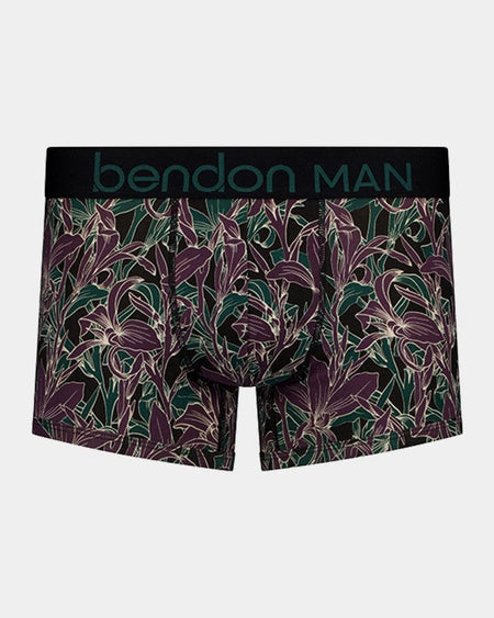Retros Print Mens Trunk in PLUM MORRIS PRINT. Flat lay front view