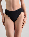 Model wears Body Cotton High Cut Brief in BLACK. On body front view