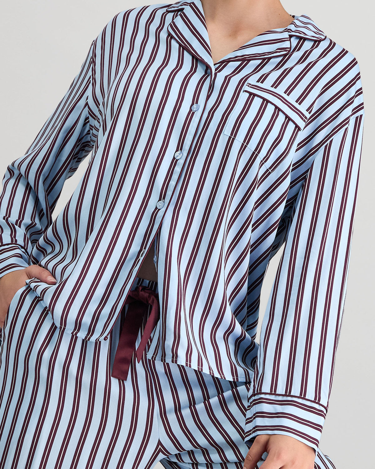 Cabana Stripe Long Sleeve Pj Top in COOL BLUE. Flat lay back view