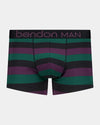 Rugby Stripe Mens Trunk in BLACK/PLUM/RAIN FOREST. Flat lay front view