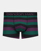 Rugby Stripe Mens Trunk in BLACK/PLUM/RAIN FOREST. Flat lay front view