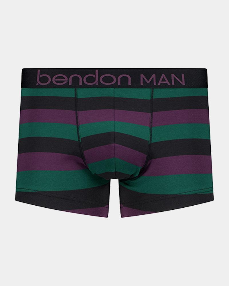 Rugby Stripe Mens Trunk in BLACK/PLUM/RAIN FOREST. Flat lay front view