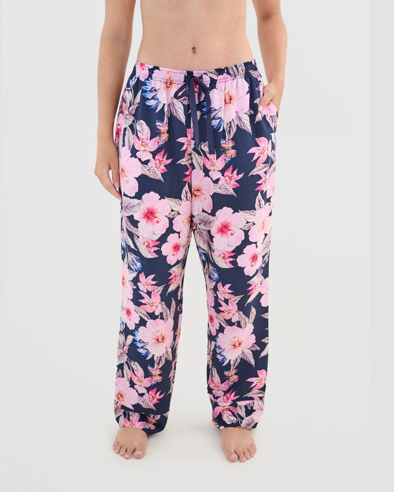 Model wears Mihika Sleeping Long PJ Pant in HONOLULU HAZE PRINT. On body front view