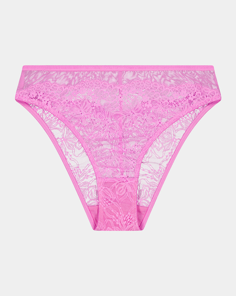 Enchantment High Cut Brief in BUBBLEGUM PINK. Flat lay front view