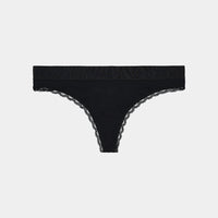 Cotton Logo Thong in BLACK. Flat lay front view