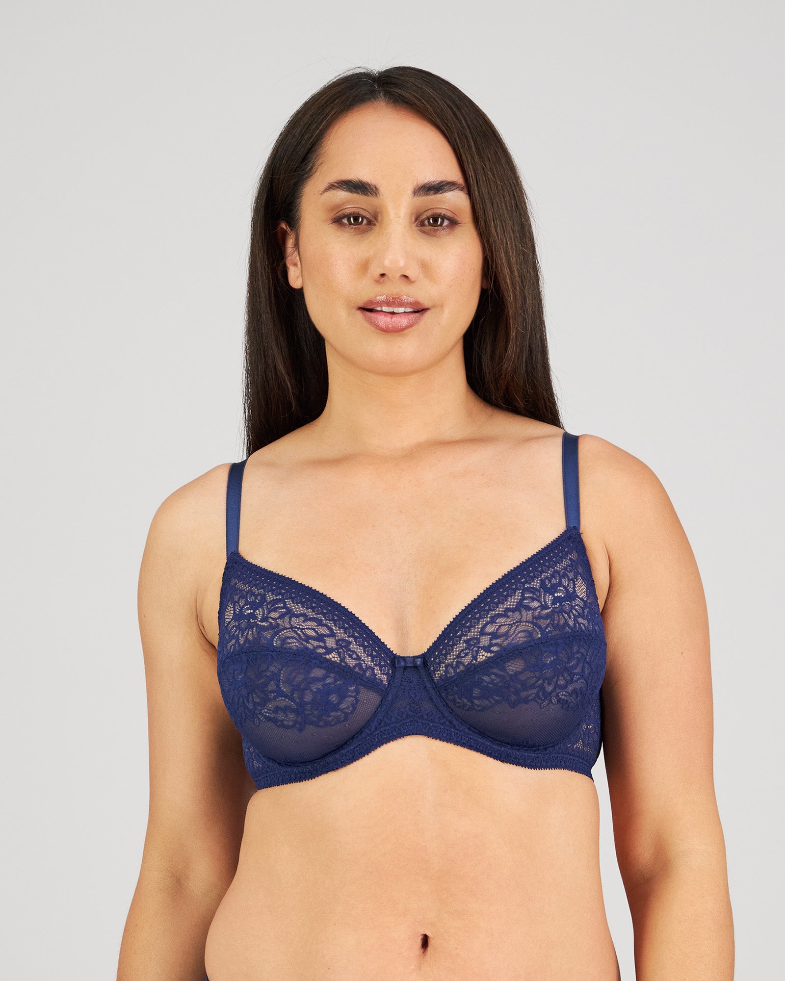 Model wears Eternal Underwire Bra in Medieval Blue. On body front view
