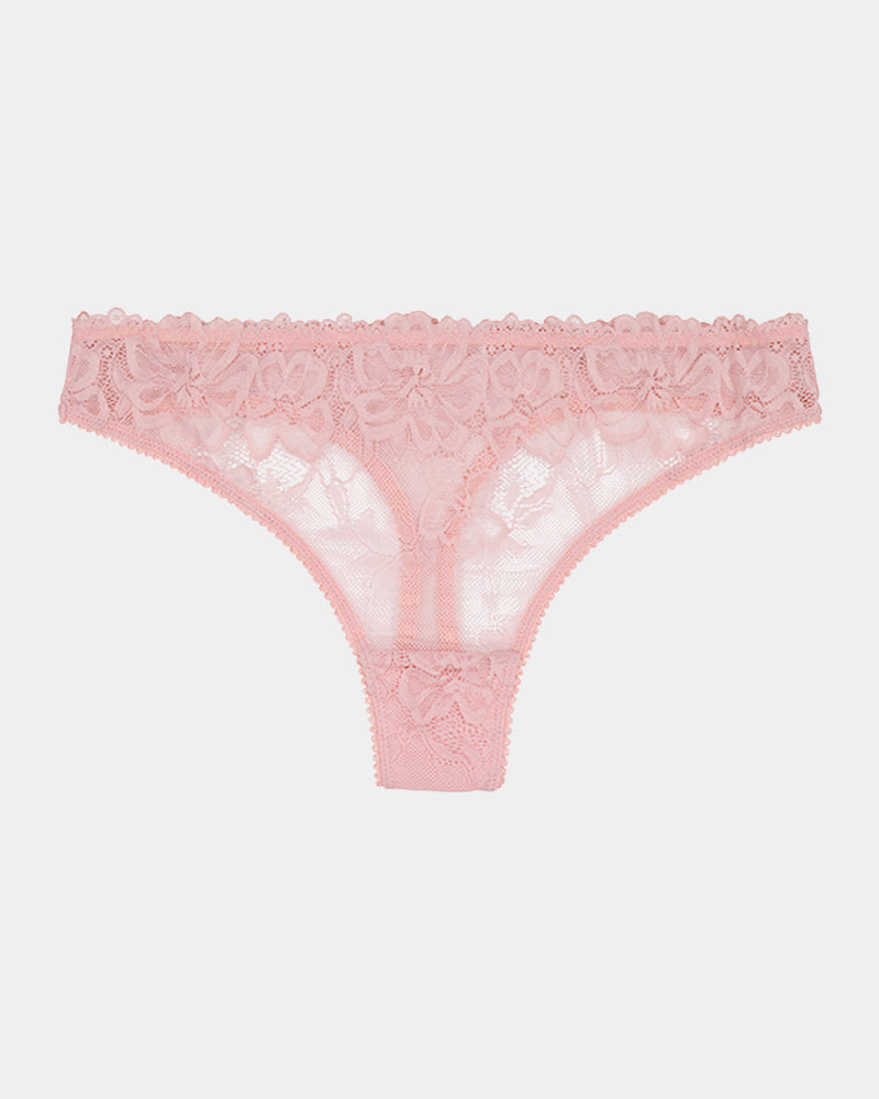 All Lacey Thong in SILVER PINK. Flat lay front view