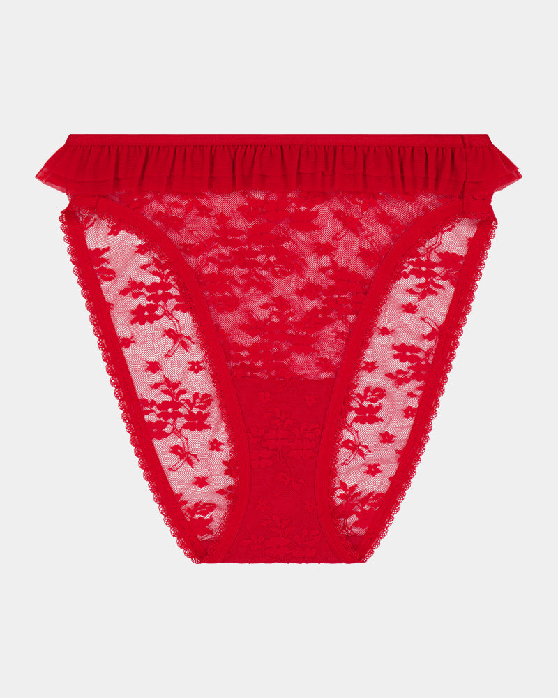 Tinsel Tease High Cut Brief in SALSA. Flat lay front view