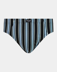 Cotton Stretch Mens Brief in AQUIFER/BLACK STRIPE. Flat lay front view