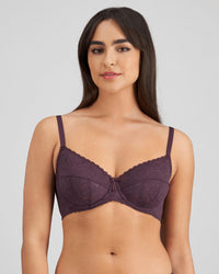 Model wears Hazel Underwire Bra in PLUM PERFECT. On body front view