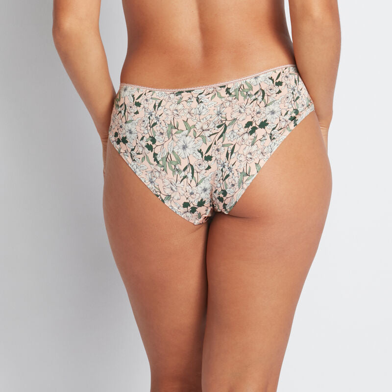 Model wears Rosemary Bikini in PEACHY PINK PRINT. On body back view