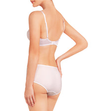 Model wears Yvette Lace Underwire Bra in WHITE. On body back view
