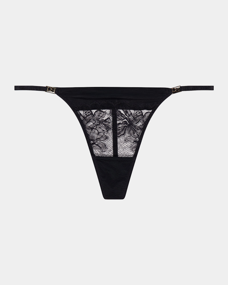 Lace Impact Thong in BLACK. Flat lay front view