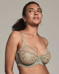 Model wears Romilly Underwire Bra in ICEBERG GREEN. On body front view