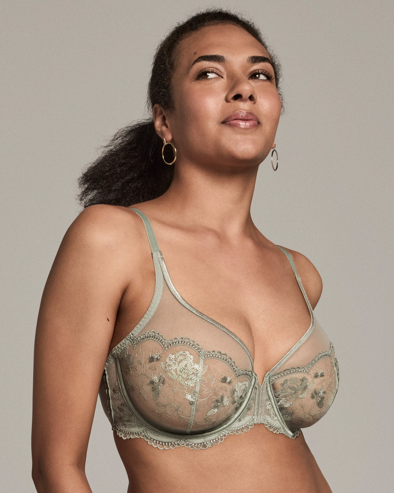 Model wears Romilly Underwire Bra in ICEBERG GREEN. On body front view