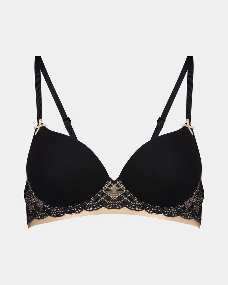 Geometric Lace Contour Bra in BLACK/TOASTED ALMOND. Flat lay front view
