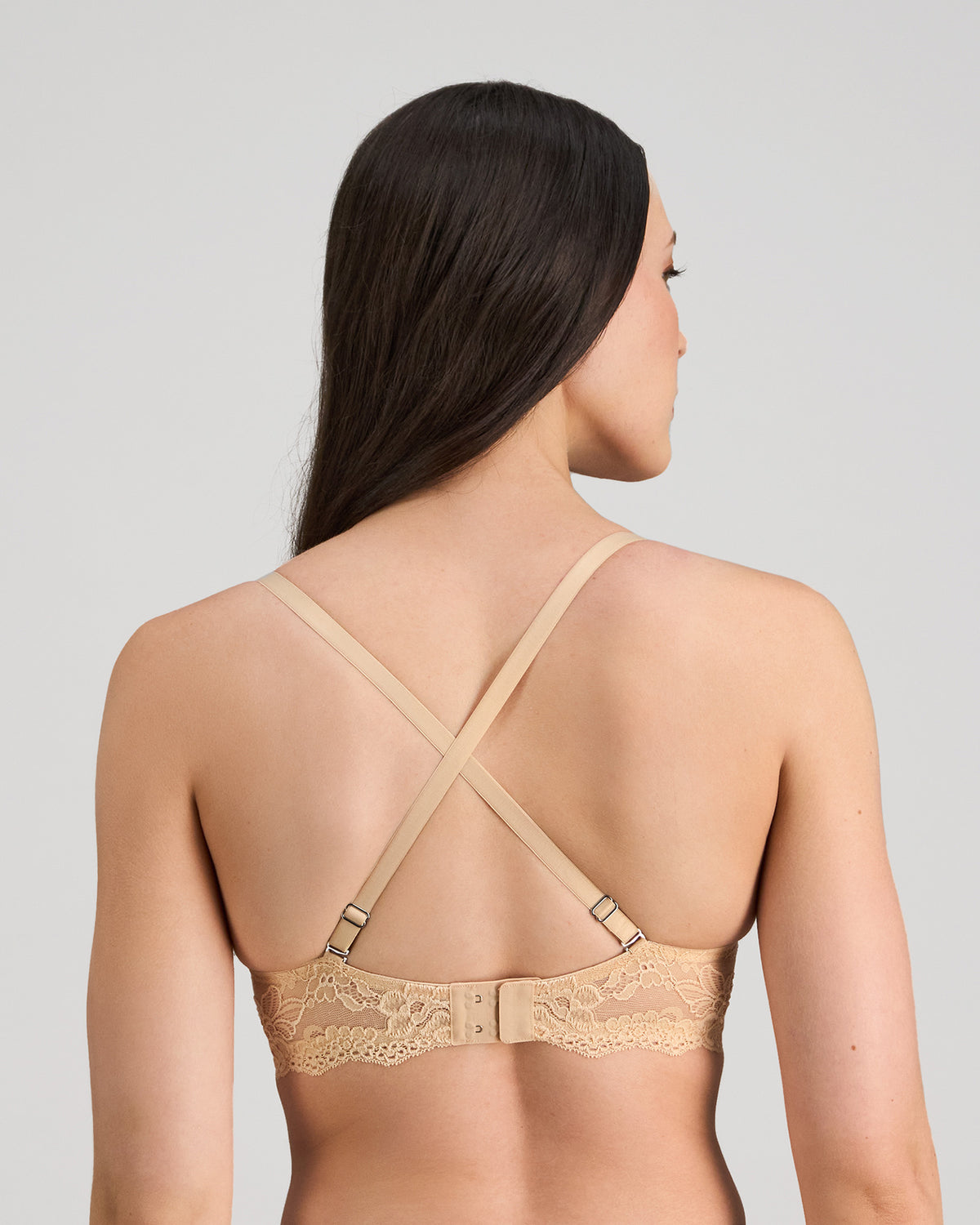 Model wears My Fit Lace Push Up Bra in FRAPPE. On body back view
