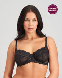 Model wears My Fit Lace Underwire Bra in BLACK. On body front view