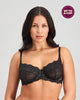 Model wears My Fit Lace Underwire Bra in BLACK. On body front view