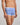 Model wears Rugby Stripe Mens Trunk in SKYWAY/DAZZLING BLUE. On body side view