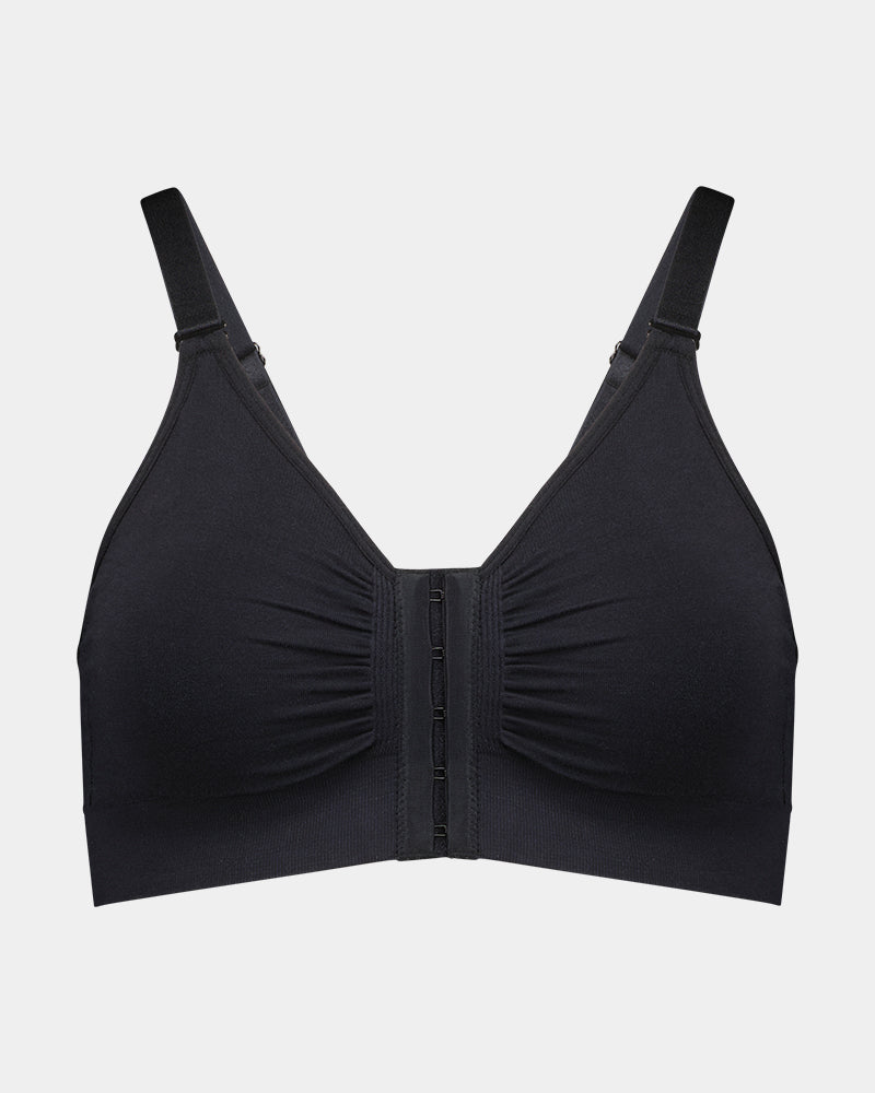 Bendon Restore Wire Free Front Opening Bra in BLACK. Flat lay front view