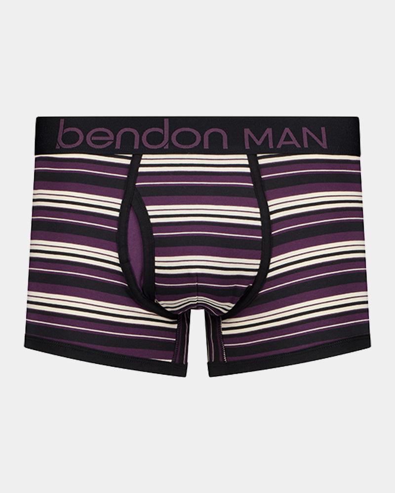Bold Stripe Mens Trunk in BLACK/PLUM STRIPE. Flat lay front view