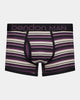 Bold Stripe Mens Trunk in BLACK/PLUM STRIPE. Flat lay front view