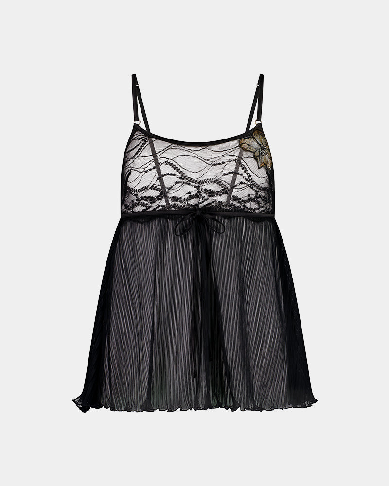 Oasis Glow Babydoll in BLACK. Flat lay front view