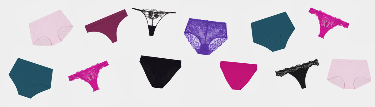 Collection of various women's underwear on a white background